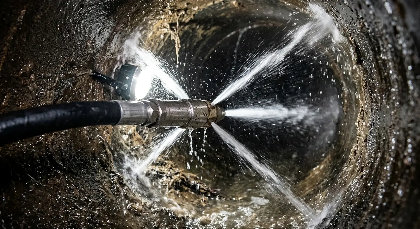 High-pressure hydro jetting nozzle cleaning sewer pipe for Emergency Drain Service in Elko New Market