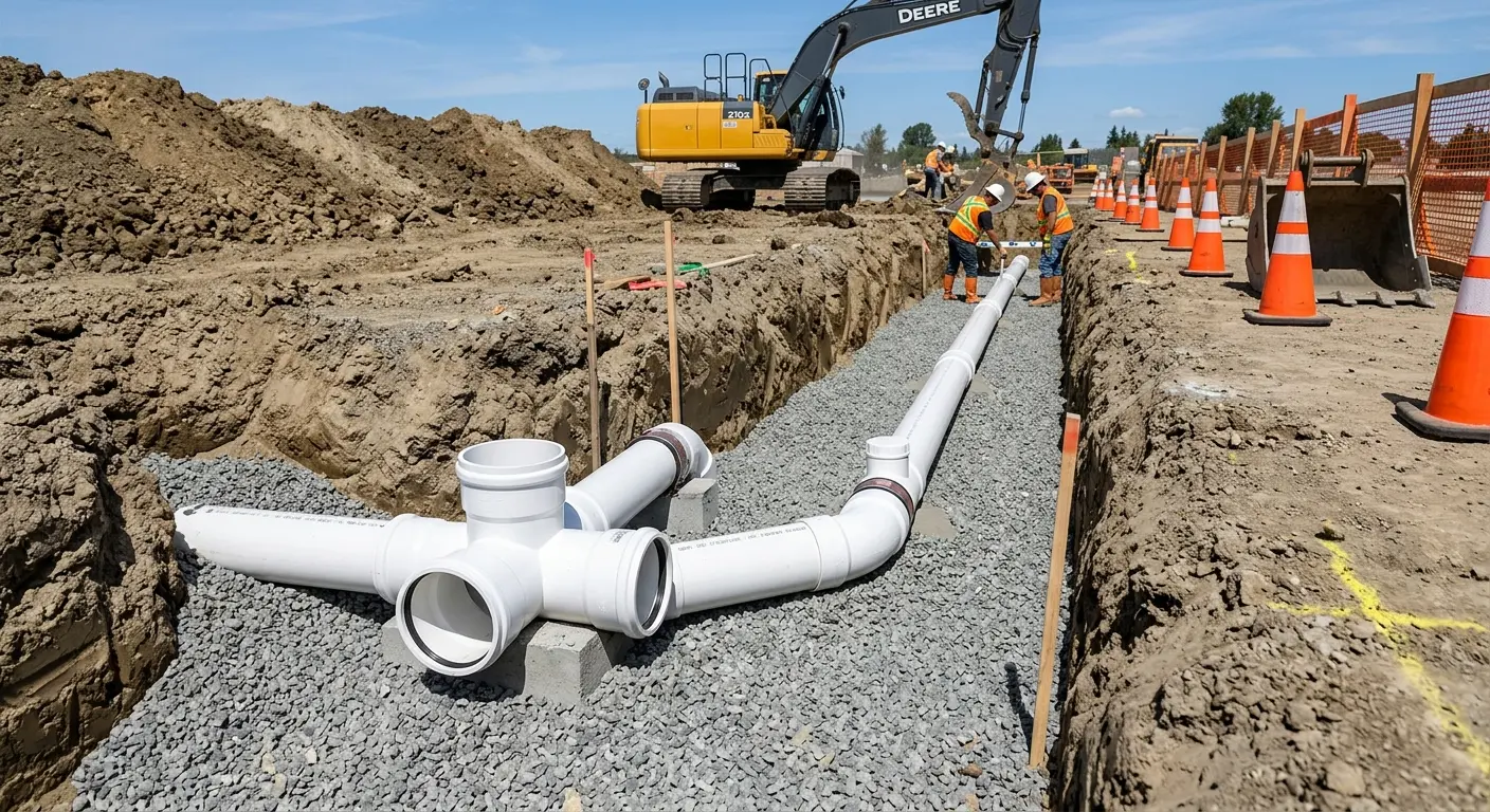 New PVC sewer pipe installation in open trench for Commercial Drain Cleaning in Elko New Market