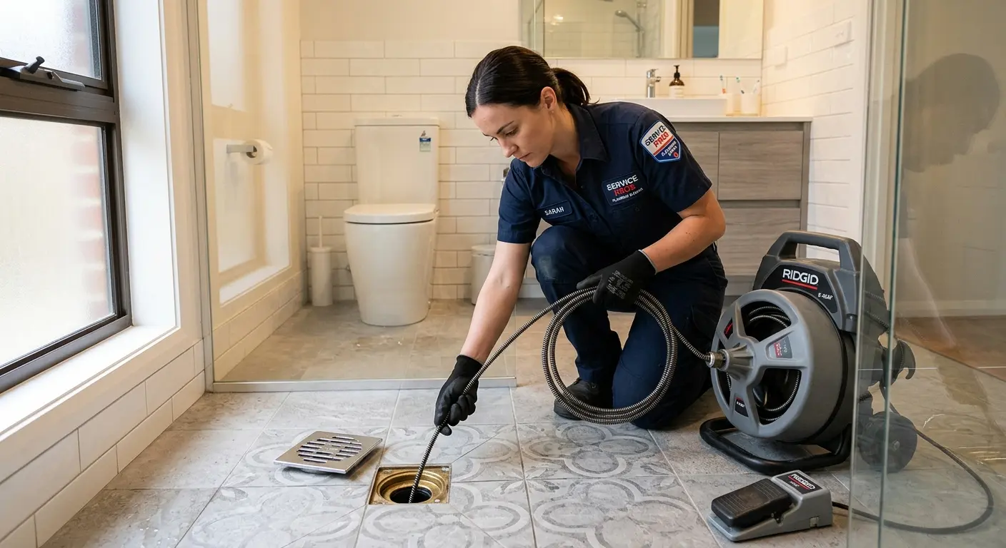 Technician clearing a bathroom floor drain for Drain Cleaning in Elko New Market